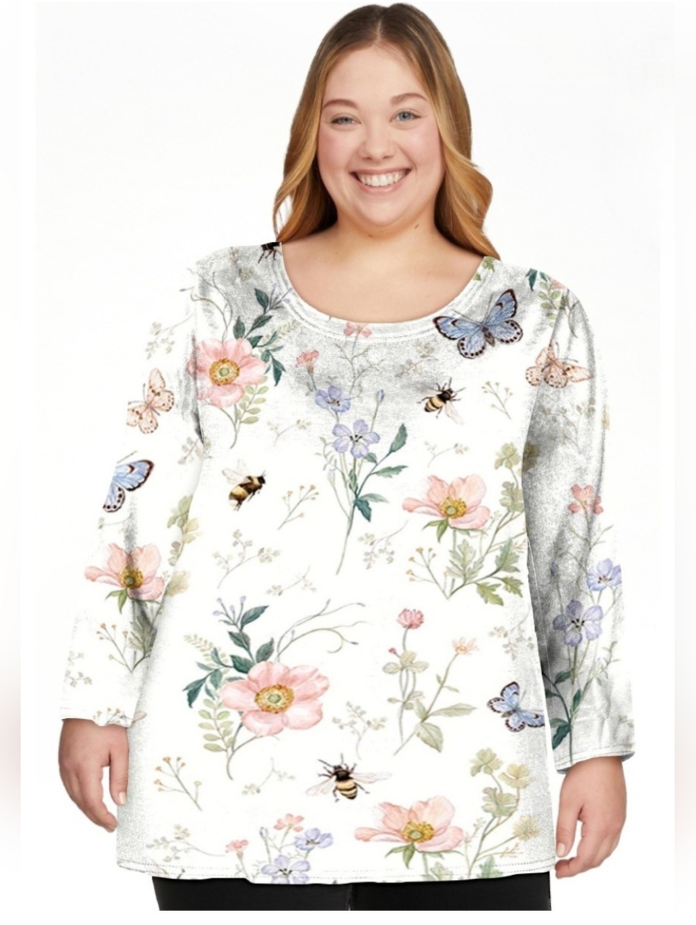 Floral Butterfly Bumble Bee Size XXL Long Sleeve Top  White 3566-AM